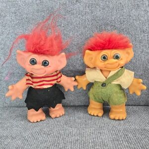 2 Vintage 1960s Thomas Dam Troll Doll Banks Red Hair 7" Felt Pirate Wishnik